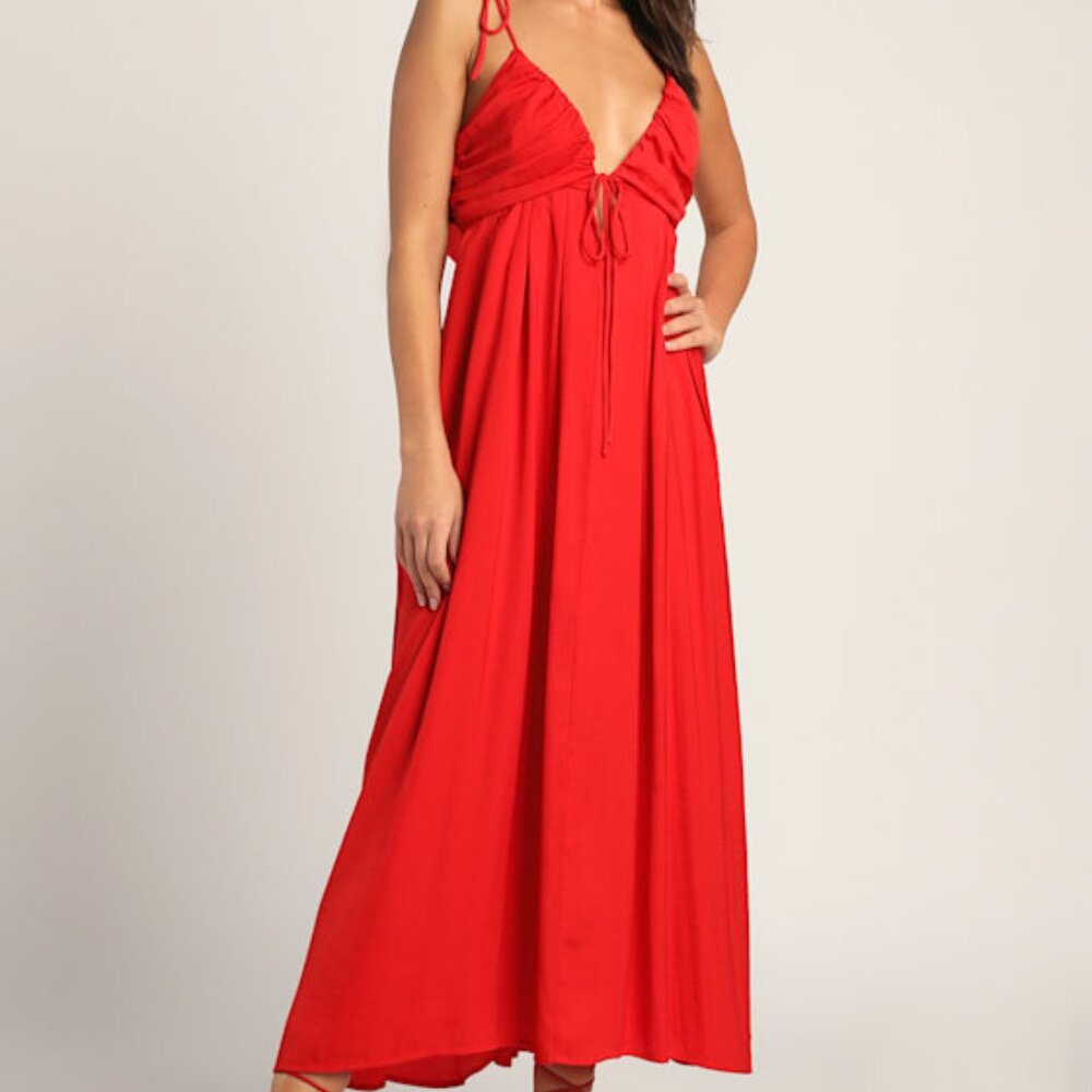 Lulus Confidence Check Red Satin Tie-back Maxi Dress - Size L